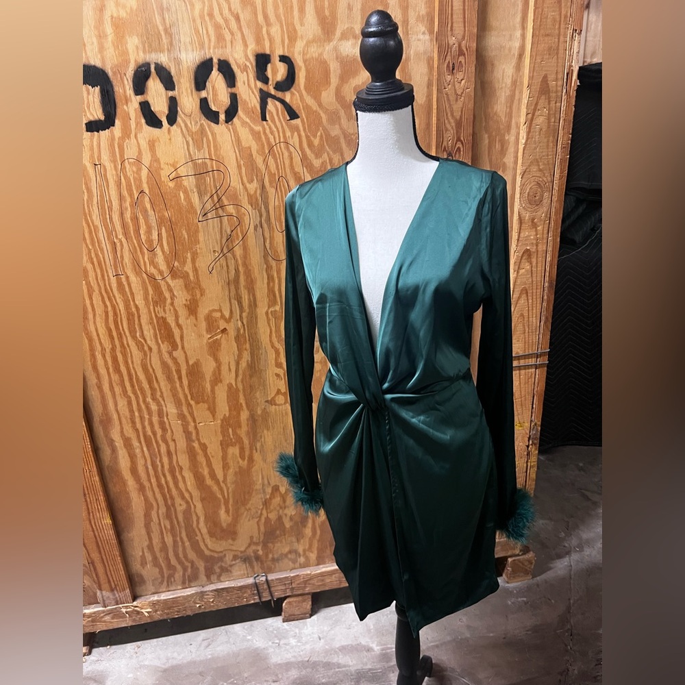 Chic Emerald Long Sleeve Dress with Feather Accents